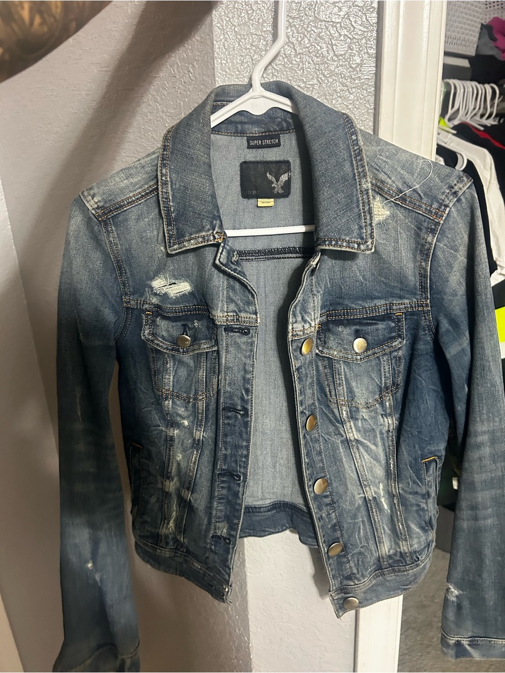 American Eagle Outfitters Distressed Medium Blue Denim Jacket